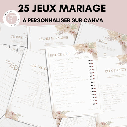 Jeux de mariage en français : activités, 25 cartes à imprimer, animations de table, défis photos et EVJF.