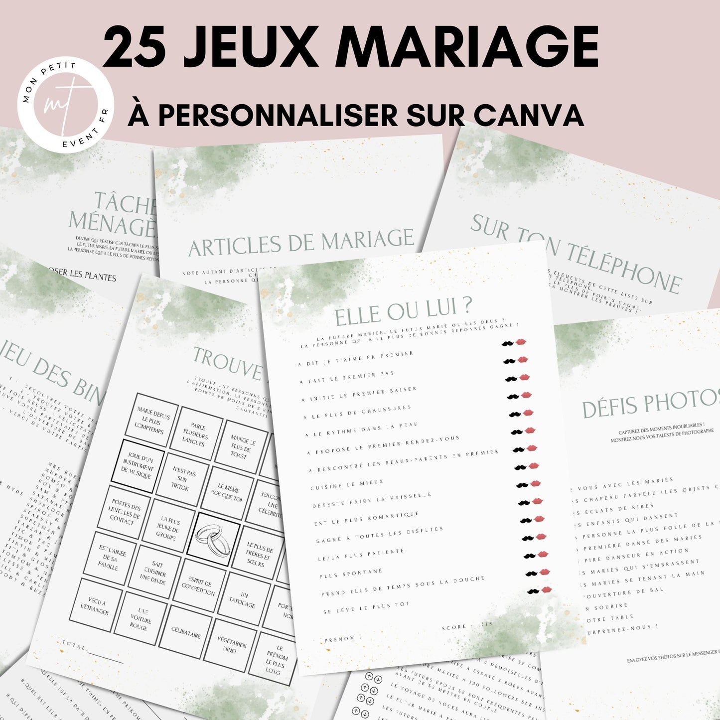 Jeux de mariage en français : activités, 25 cartes à imprimer, animations de table, défis photos et EVJF.