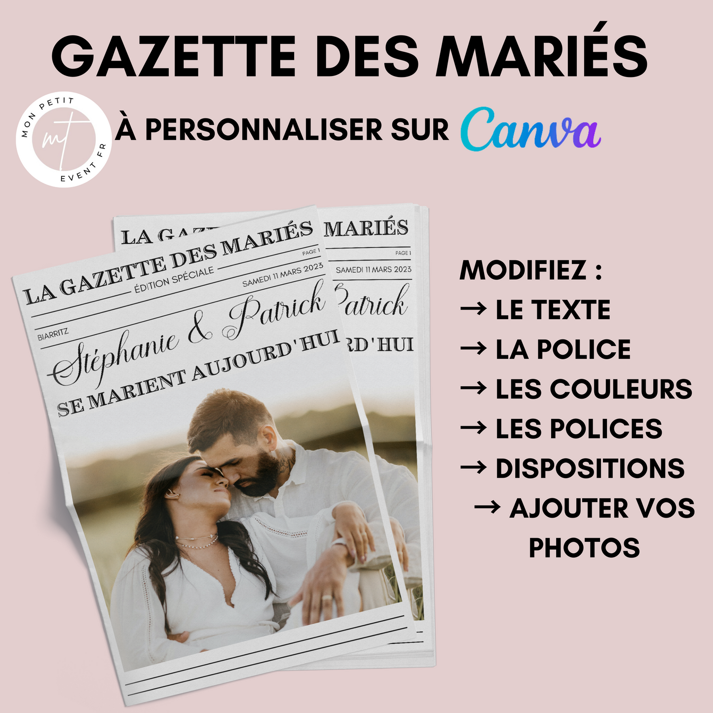 Gazette de Mariage à Personnaliser sur Canva : Modèle DIY Gazette des mariés Format A3 et A4 pour une Célébration Inoubliable -