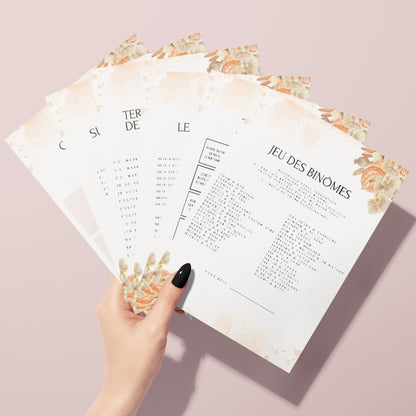 Jeux de mariage en français : activités, 25 cartes à imprimer, animations de table, défis photos et EVJF.