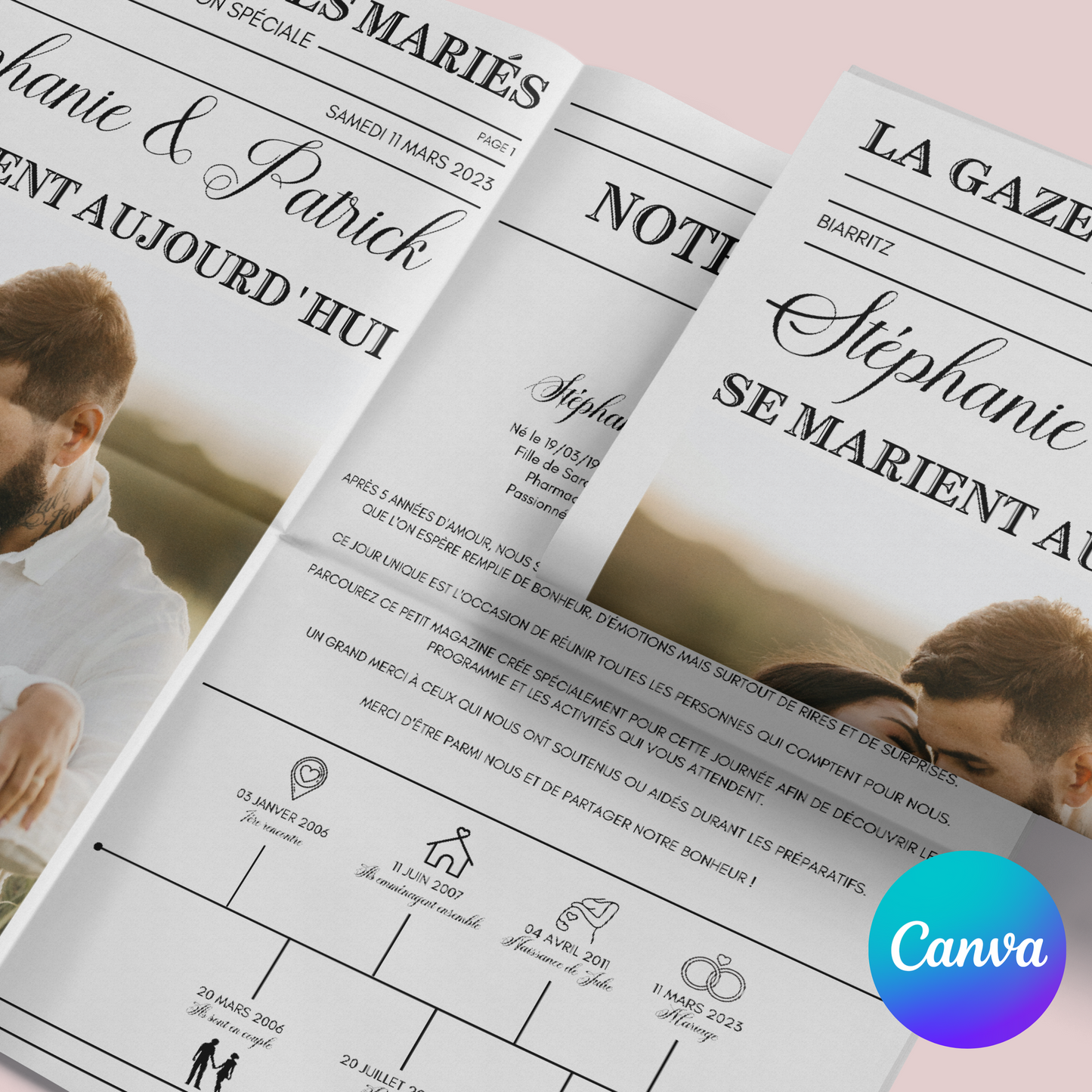 Gazette de Mariage à Personnaliser sur Canva : Modèle DIY Gazette des mariés Format A3 et A4 pour une Célébration Inoubliable -