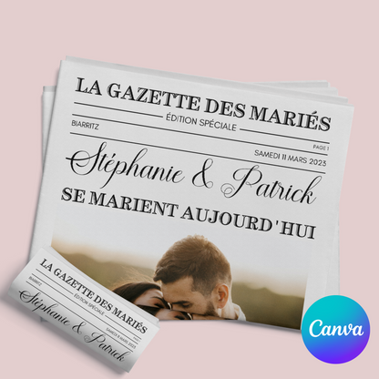 Gazette de Mariage à Personnaliser sur Canva : Modèle DIY Gazette des mariés Format A3 et A4 pour une Célébration Inoubliable -