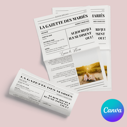 Gazette des mariés - Rendez votre Mariage Inoubliable avec notre Gazette des mariés et une Sélection de 20 Jeux à personnalisée sur Canva !