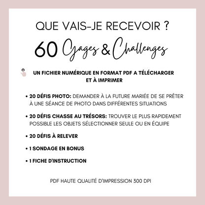 Jeux EVJF Minimaliste à imprimer - 60 Gages, Défis & Challenges pour un enterrement de vie de jeune fille - Activités EVJF - Animations EVJF