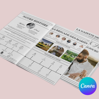 Gazette de Mariage à Personnaliser sur Canva : Modèle DIY Gazette des mariés Format A3 et A4 pour une Célébration Inoubliable -