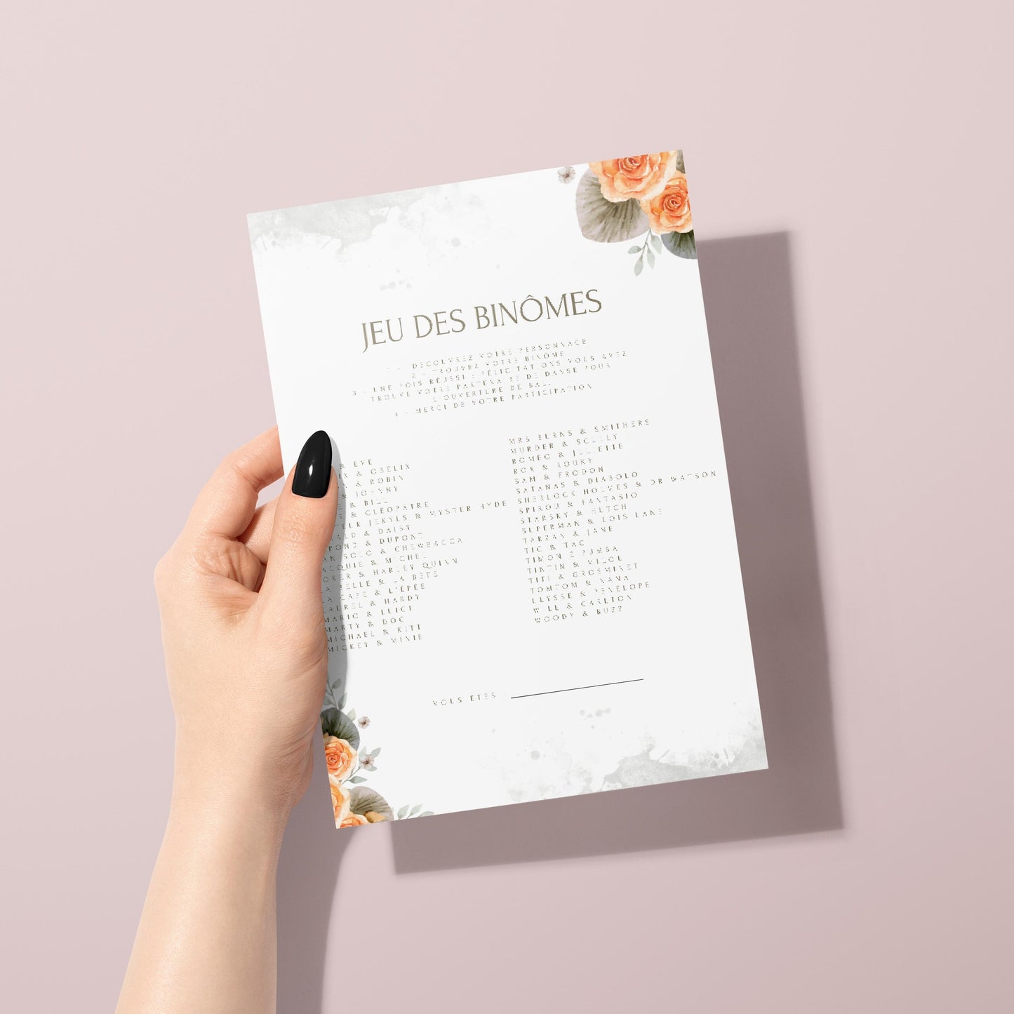 Jeux de mariage en français : activités, 25 cartes à imprimer, animations de table, défis photos et EVJF.