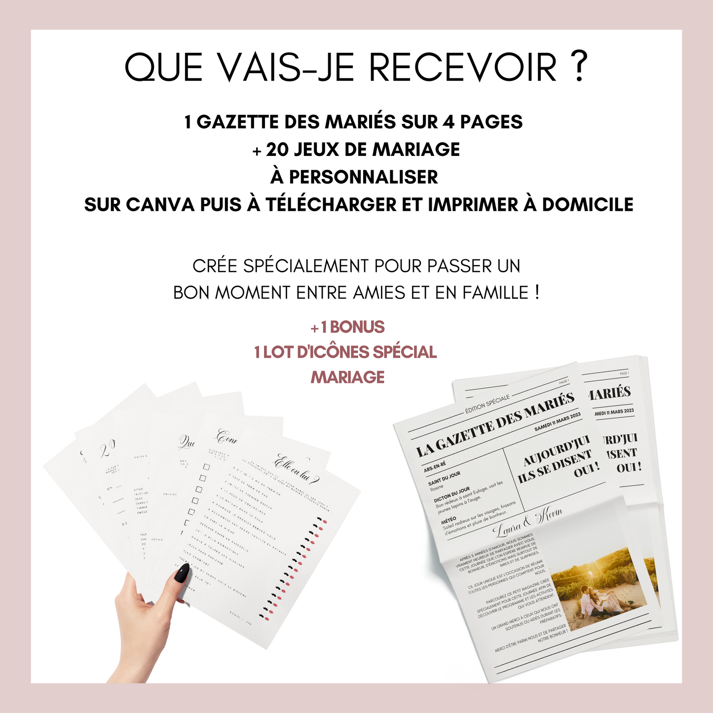 Gazette des mariés - Rendez votre Mariage Inoubliable avec notre Gazette des mariés et une Sélection de 20 Jeux à personnalisée sur Canva !