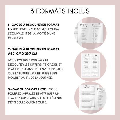 Jeux EVJF Minimaliste à imprimer - 60 Gages, Défis & Challenges pour un enterrement de vie de jeune fille - Activités EVJF - Animations EVJF