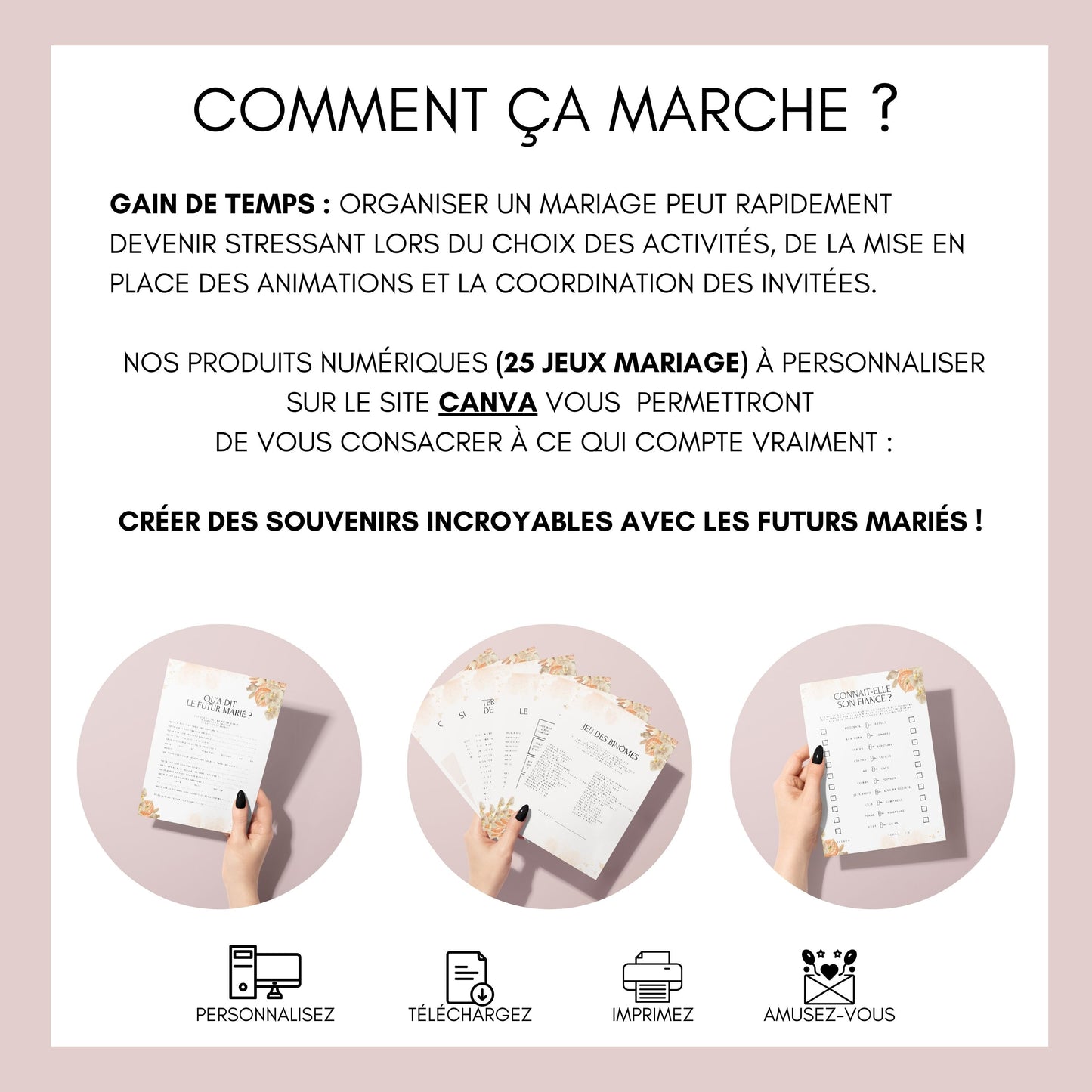 Jeux de mariage en français : activités, 25 cartes à imprimer, animations de table, défis photos et EVJF.