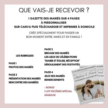 Gazette de Mariage à Personnaliser sur Canva : Modèle DIY Gazette des mariés Format A3 et A4 pour une Célébration Inoubliable -