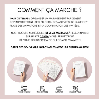 Jeux de mariage en français : activités, 25 cartes à imprimer, animations de table, défis photos et EVJF.