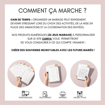 Jeux de mariage en français : activités, 25 cartes à imprimer, animations de table, défis photos et EVJF.