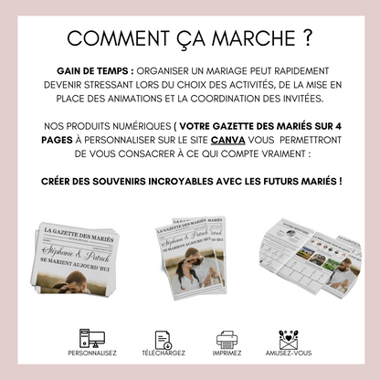 Gazette de Mariage à Personnaliser sur Canva : Modèle DIY Gazette des mariés Format A3 et A4 pour une Célébration Inoubliable -