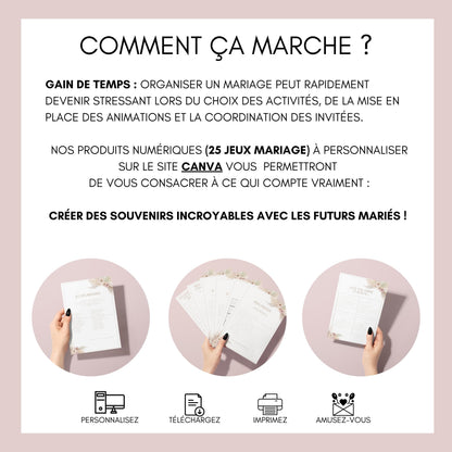 Jeux de mariage en français : activités, 25 cartes à imprimer, animations de table, défis photos et EVJF.