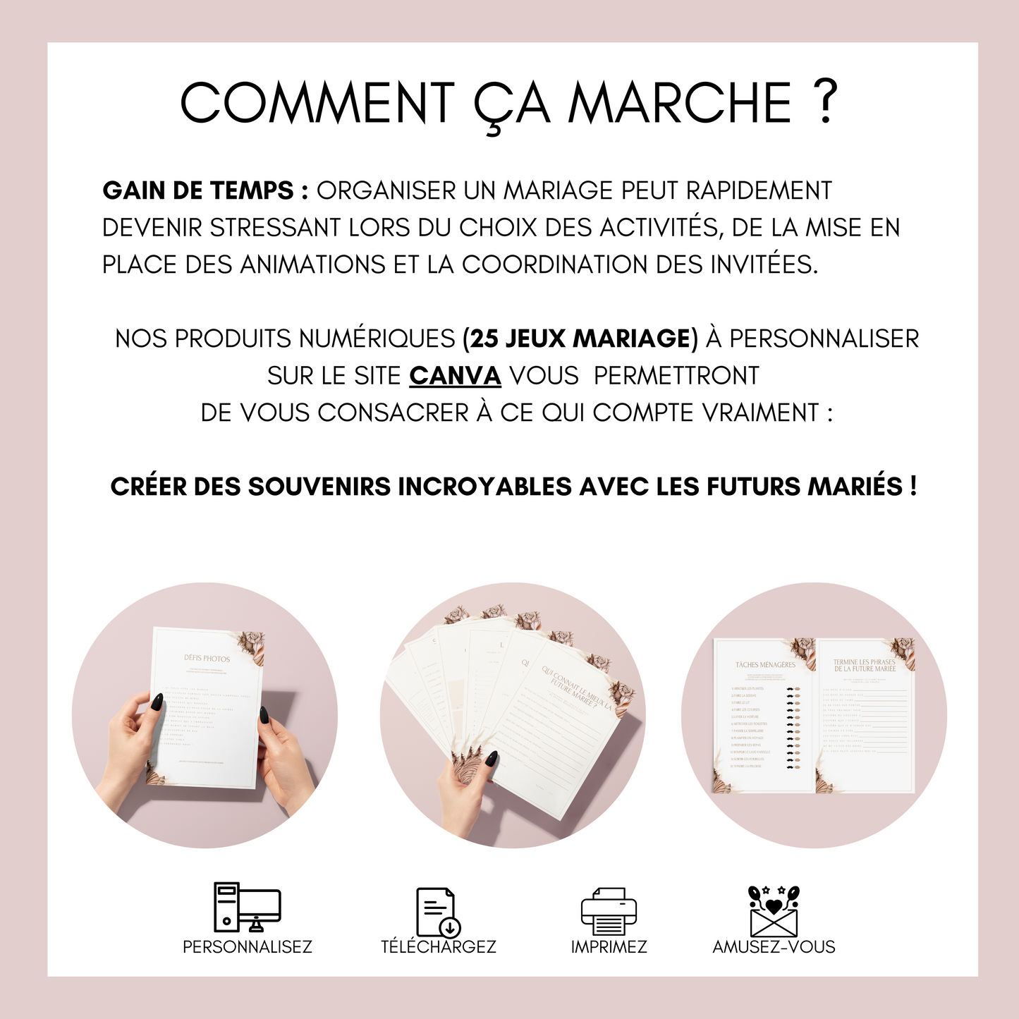 Jeux de mariage en français : activités, 25 cartes à imprimer, animations de table, défis photos et EVJF.