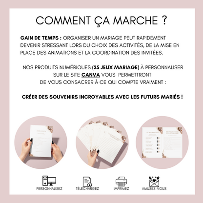 Jeux de mariage en français : activités, 25 cartes à imprimer, animations de table, défis photos et EVJF.