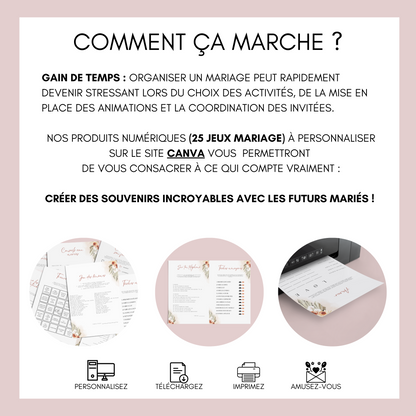 Jeux de mariage en français : activités, 25 cartes à imprimer, animations de table, défis photos et EVJF.