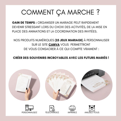 Jeux de mariage en français : activités, 25 cartes à imprimer, animations de table, défis photos et EVJF.