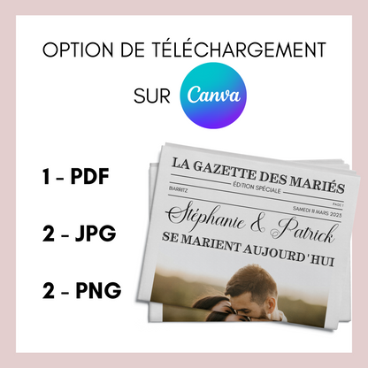 Gazette de Mariage à Personnaliser sur Canva : Modèle DIY Gazette des mariés Format A3 et A4 pour une Célébration Inoubliable -