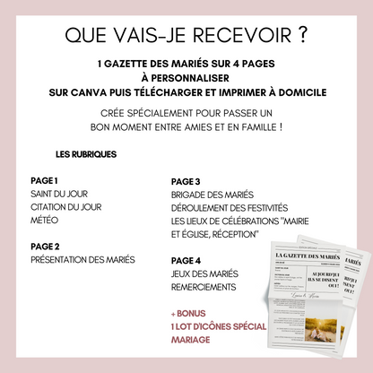 Gazette de Mariage à Personnaliser sur Canva : Modèle DIY Format Magazine A3 et A4 pour une Célébration Inoubliable - Cadeau Invités Mariage