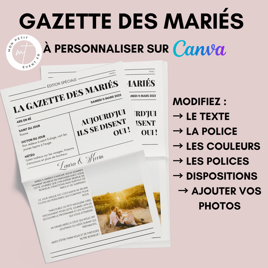 Gazette de Mariage à Personnaliser sur Canva : Modèle DIY Format Magazine A3 et A4 pour une Célébration Inoubliable - Cadeau Invités Mariage