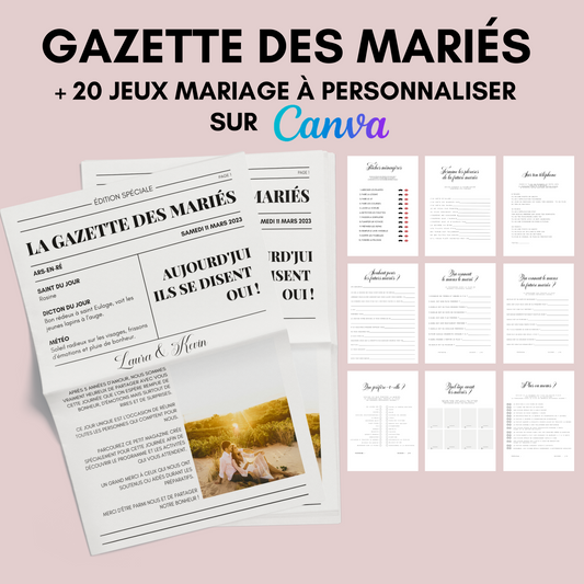 Gazette des mariés - Rendez votre Mariage Inoubliable avec notre Gazette des mariés et une Sélection de 20 Jeux à personnalisée sur Canva !